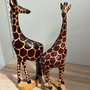 Hand Carved Wooden Giraffe Pair African Safari Decor Kenya Art